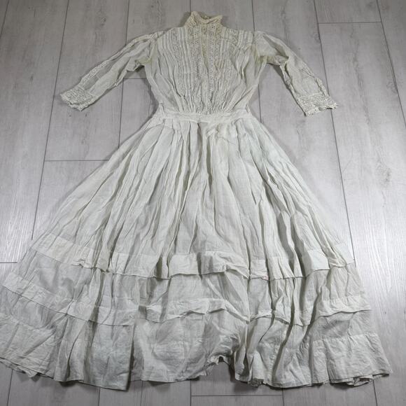 Antique Dresses & Skirts - Edwardian Victorian Cotton Lawn Sheer Day Tea Dress Lace